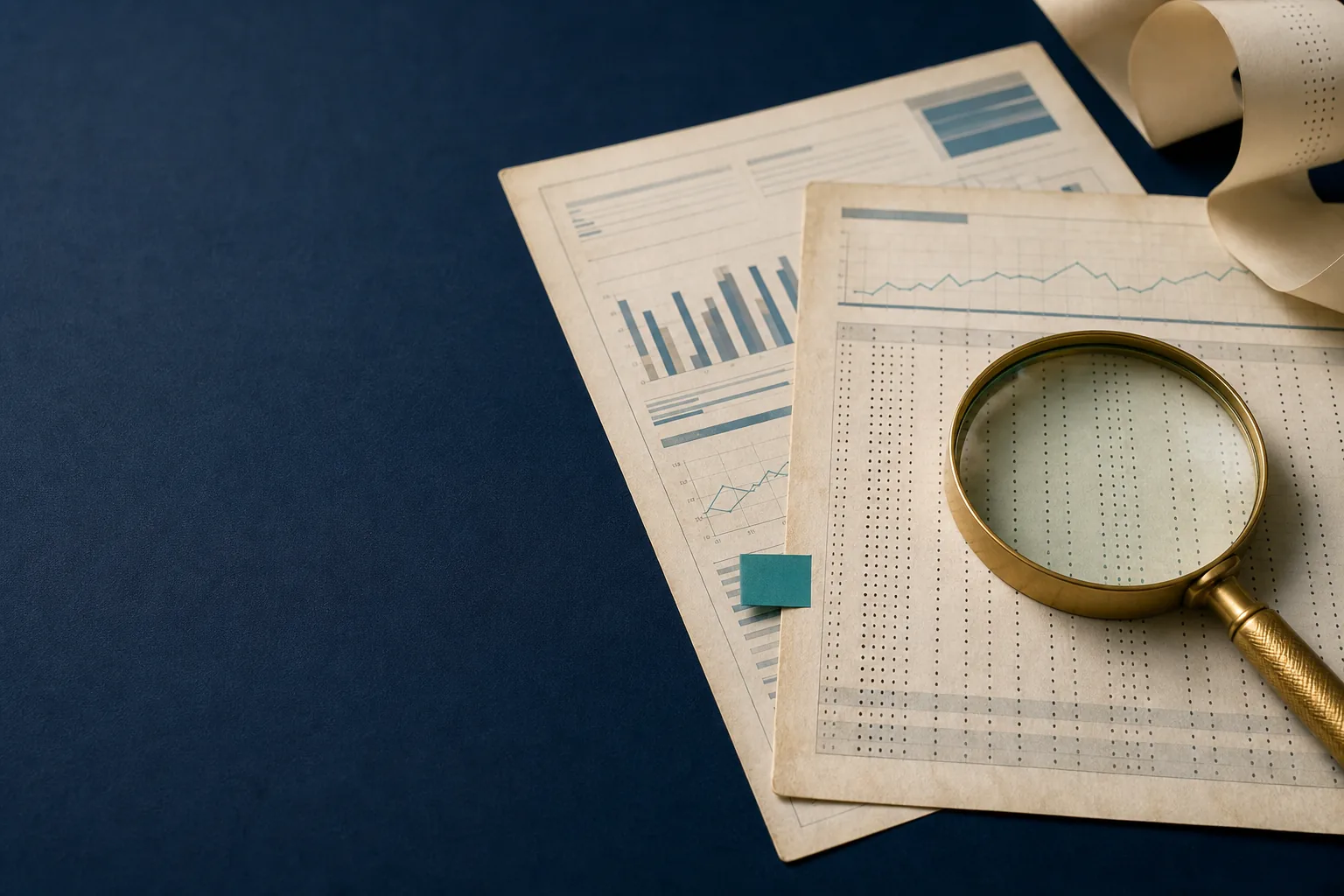Statistical report sheets and a magnifying glass arranged for case-count comparison.