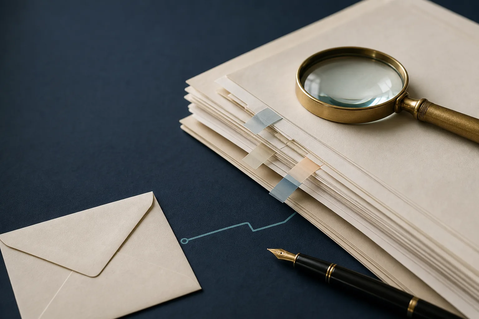 Tabbed source documents, a sealed envelope, and a magnifying glass arranged for verification.