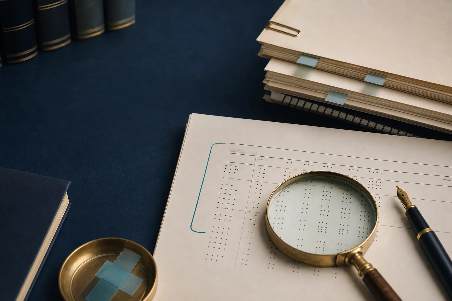 Primary-source reports, page flags, and a magnifying glass on an archival research desk.
